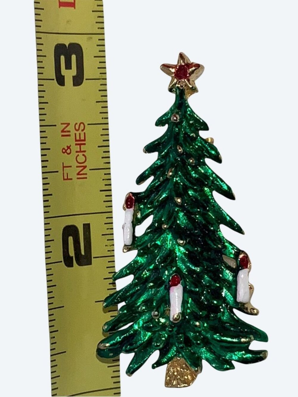 Green Enamel Gold Tone Candles Christmas Tree with Candles Pin Brooch Vintage - Picture 6 of 7